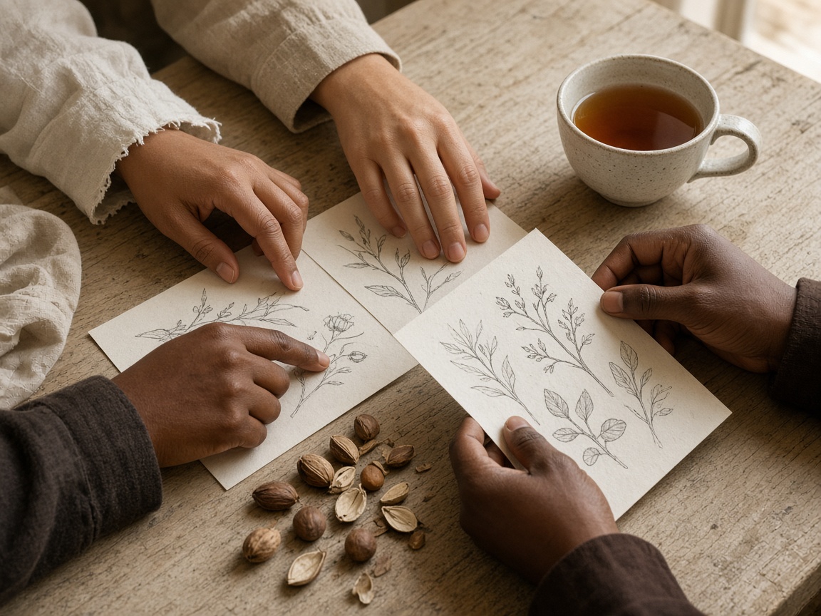 Hands gathered around a table with sketches and seeds, working an idea into form
